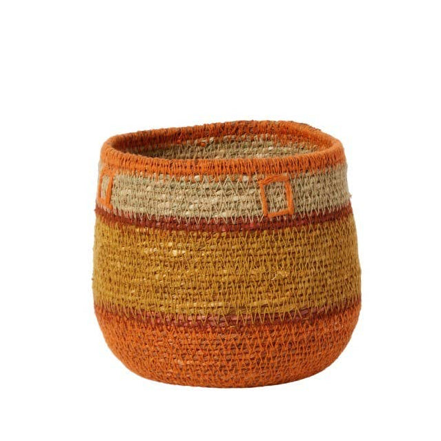 cestino boho in fibra naturale a strisce ocra, beige, arancione
