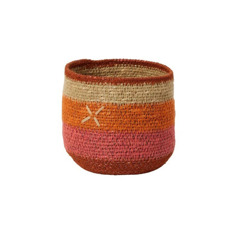 cesto coprivaso fatto a mano a strisce rosa, beige, arancio