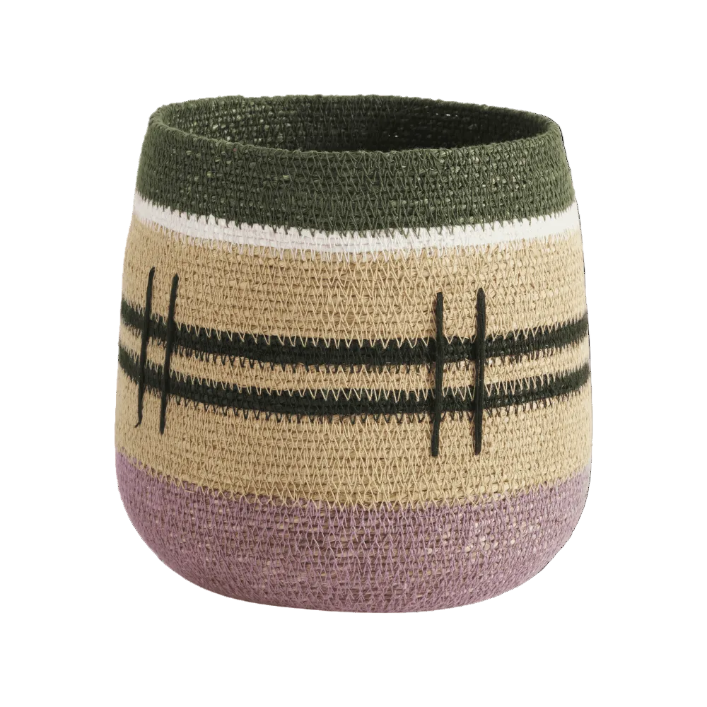 cesto coprivaso fatto a mano a strisce viola, beige, verde