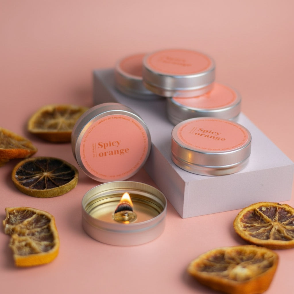 Candela Nortrice accesa con arance e sfondo neutro