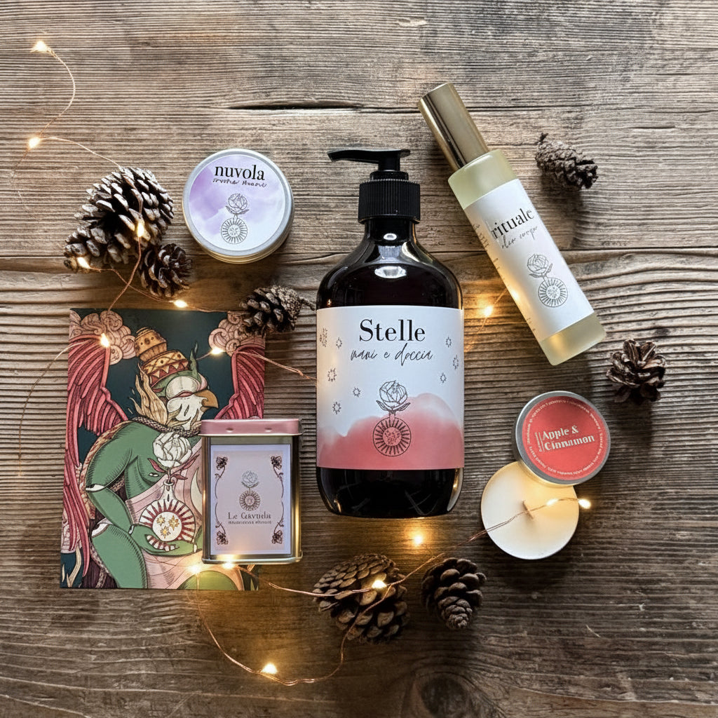 Contenuto della Garuda Box di Natale: crema mani Nuvola, olio corpo Rituale, bagnodoccia Stelle, candela vegetale e caramelle Leone in latta.