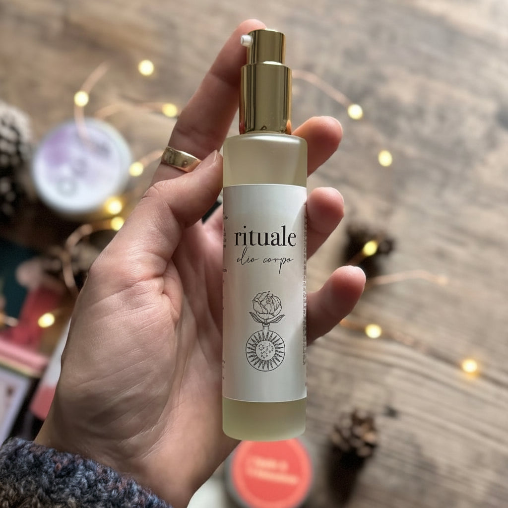 Olio Corpo Rituale – nutriente e setoso. Uno dei gesti sensoriali della Garuda Box di Natale